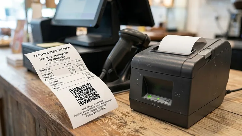 Impresora térmica emitiendo una factura electrónica con código QR